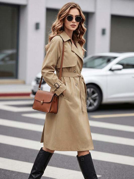 Women's Khaki Belted Double Breasted Trench Coat
