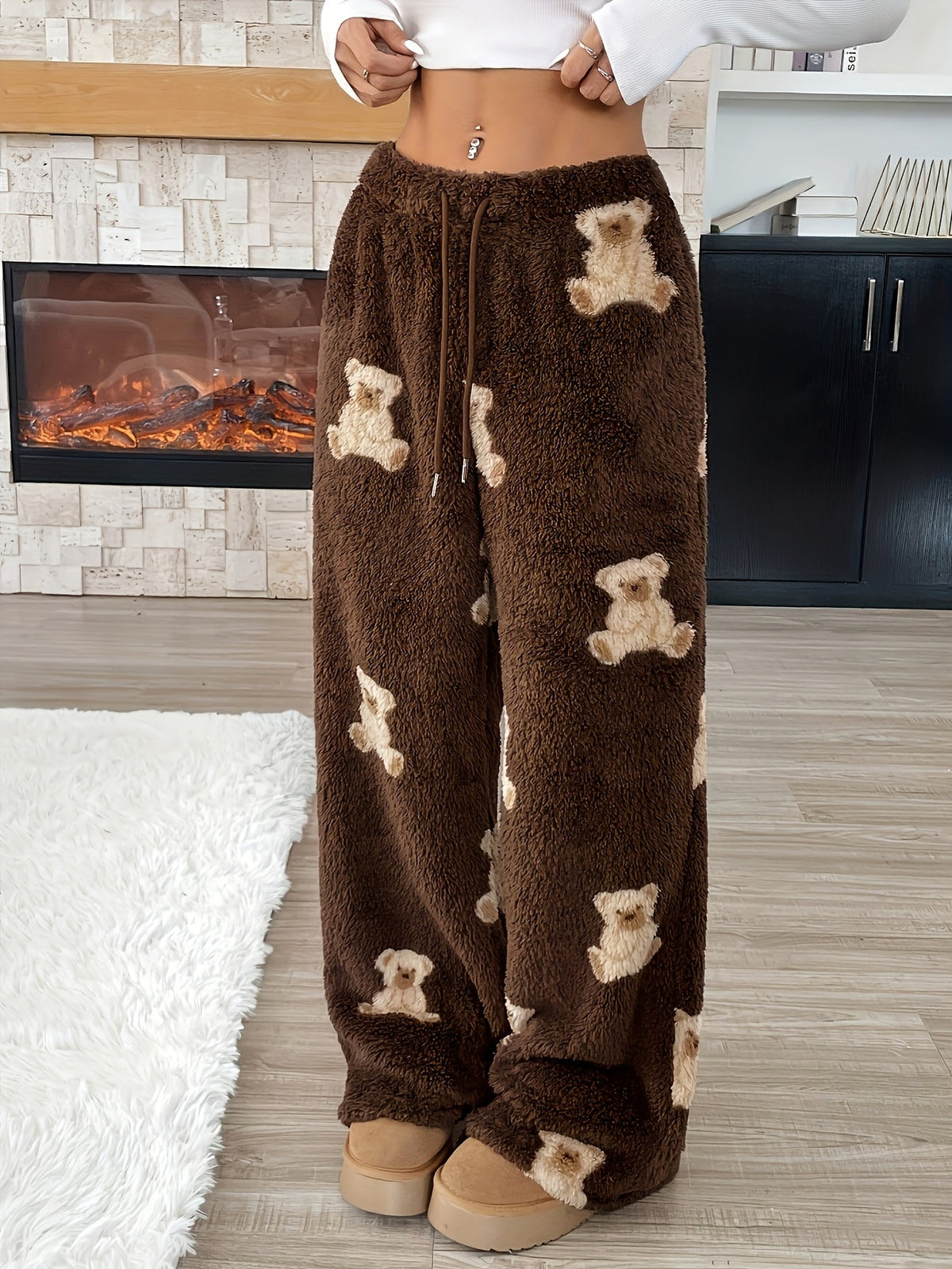 Warm Brown Teddy Bear Sweatpants for Women with Elastic Drawstring Wide Leg Plush Fleece Loungewear Style