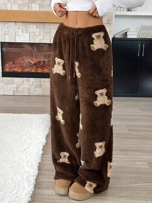 Warm Brown Teddy Bear Sweatpants for Women with Elastic Drawstring Wide Leg Plush Fleece Loungewear Style