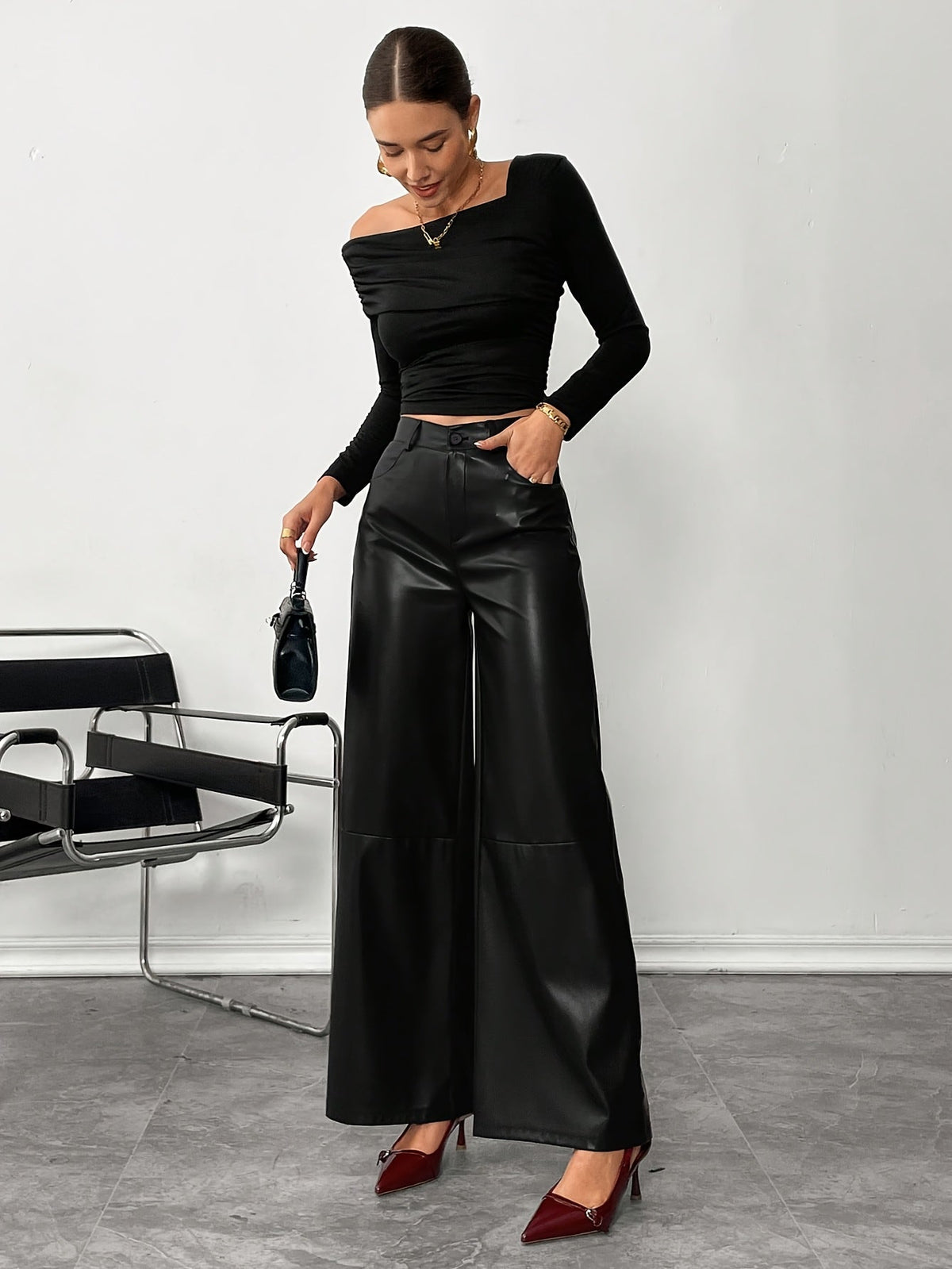 Stylish Black Faux Leather Slacks for Women with High Waist Relaxed Leg Tailored Trouser Style