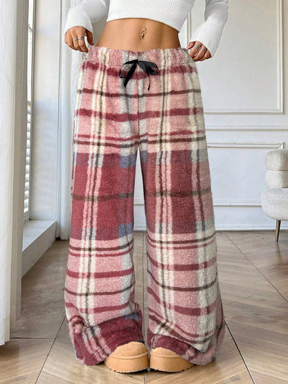Warm Plaid Wide Leg Sweatpants for Women with Elastic Drawstring Plush Fleece Loungewear Style