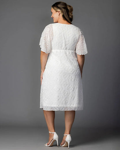Stylish White Cocktail Dress for Women with V Neck Flutter Sleeve Eyelet Flared Midi Occasion Style