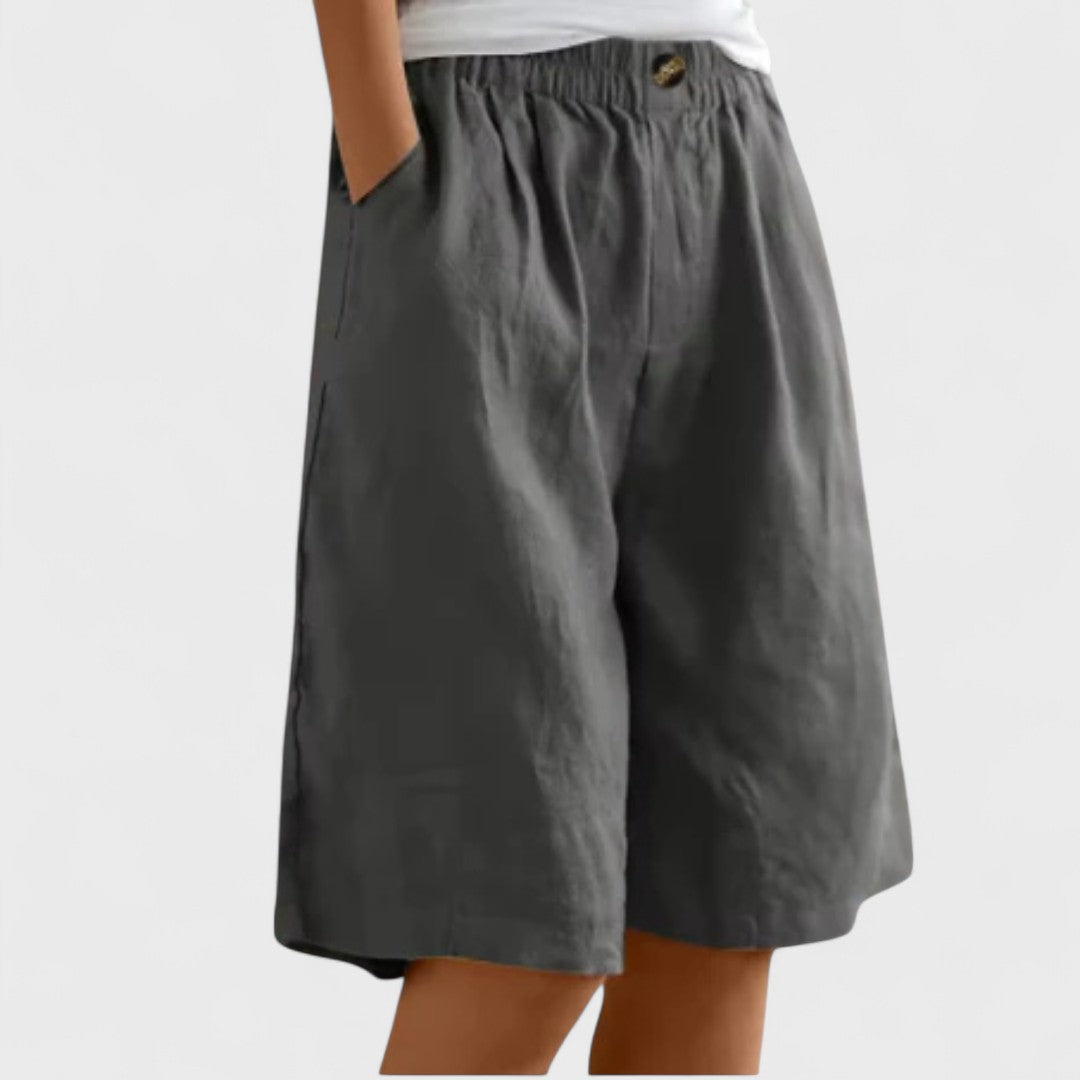 Effortless Linen Bermuda Shorts for Women with High Waist Elastic Button Wide Leg Casual Style