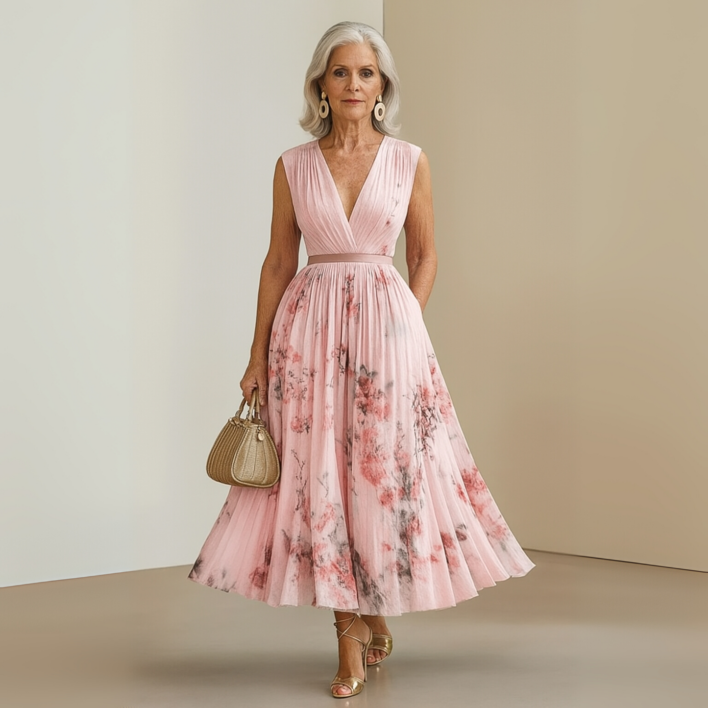 Effortless Watercolor Floral Midi Dress for Women with V Neck Sleeveless Pleated Belted Flowing Style