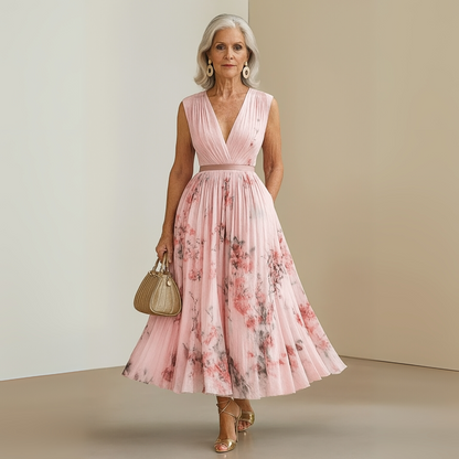 Effortless Watercolor Floral Midi Dress for Women with V Neck Sleeveless Pleated Belted Flowing Style