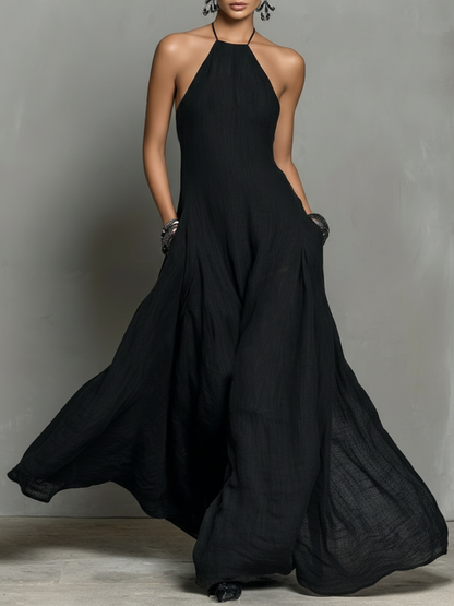Elegant Black Linen Maxi Dress for Women with Halter Neck Sleeveless Flowing Boho Style