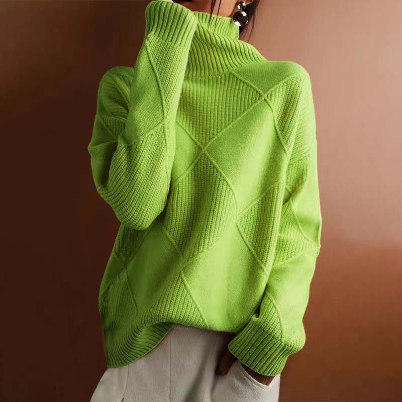 Comfortable Diamond Knit Sweater for Women with Turtleneck Long Sleeve Relaxed Oversized Style