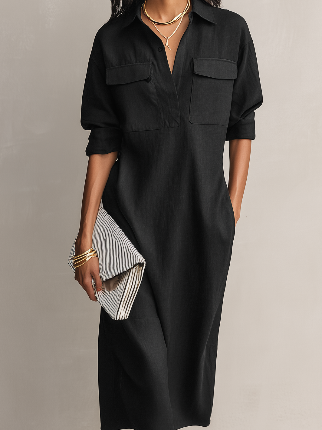 Elegant Black Shirt Dress for Women with Collar Long Sleeve Button Front Relaxed Midi Style