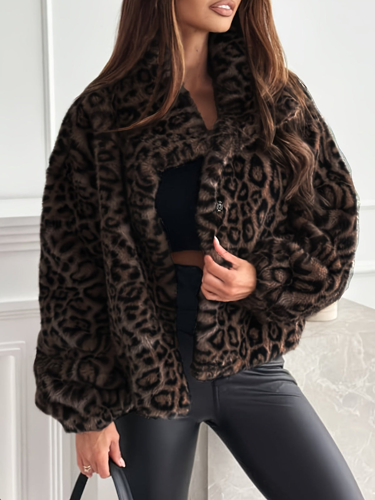 Warm Leopard Print Flurry Coat for Women with Faux Fur Collar Long Sleeve Soft Warm Cold Weather Style