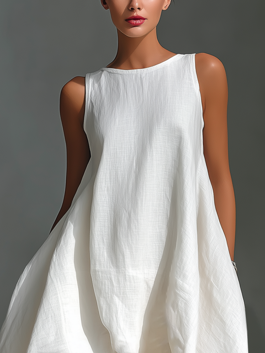 Effortless Linen High Low Dress for Women with Round Neck Sleeveless Flowing Asymmetrical Style