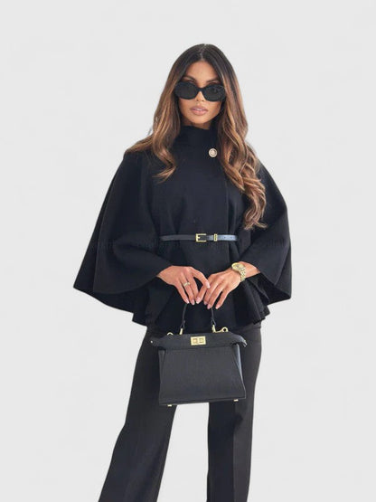 Elegant Cape Jacket for Women with Mock Neck Bell Sleeve Belted Peplum Style