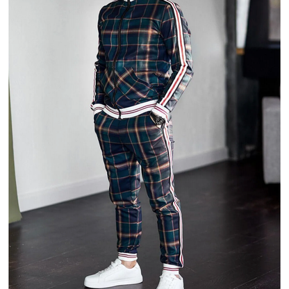 Effortless Navy Plaid Two Piece Set for Women with Zip Front Track Jacket Jogger Pant Casual Style