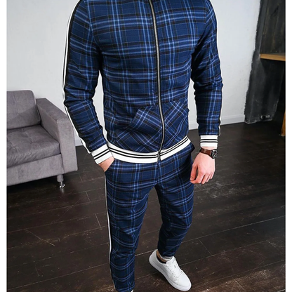 Effortless Navy Plaid Two Piece Set for Women with Zip Front Track Jacket Jogger Pant Casual Style