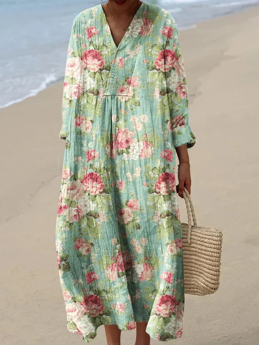 Effortless Green Floral Maxi Dress for Women with V Neck Long Sleeve Button Placket Flowing Bohemian Style