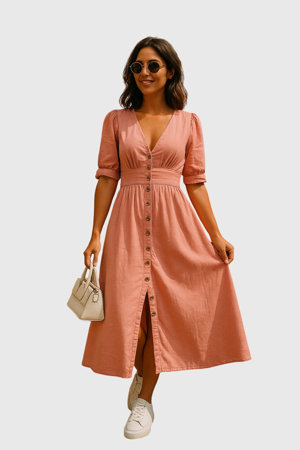 Elegant Button Front Midi Dress for Women with V Neck Puff Sleeve Smocked Waist Flowing Style