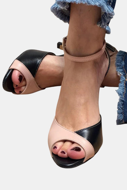Elegant Black Colorblock Ankle Strap Sandal for Women with Peep Toe Buckle Kitten Heel Style