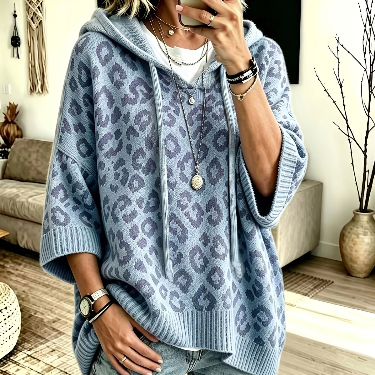 Easy Leopard Print Oversized Hoodie for Women with Hooded Neck Batwing Sleeve Drawstring Knit Style