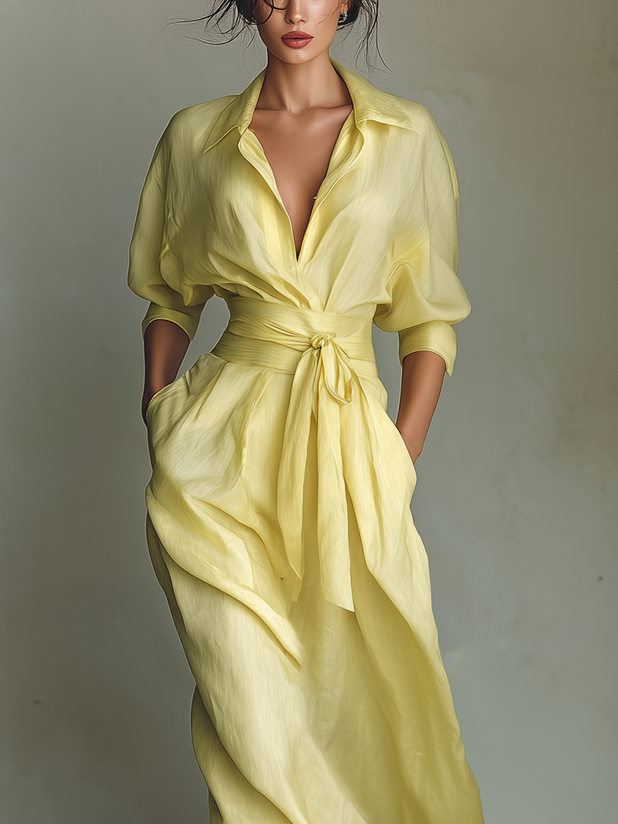 Elegant Yellow Linen Maxi Dress for Women with Collar Wrap Elbow Sleeve Flowing Style