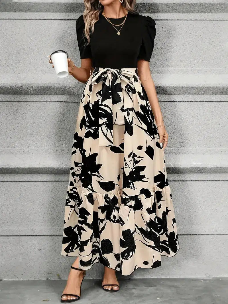 Elegant Floral Print Maxi Dress for Women with Round Neck Puff Sleeve Tie Waist Ruffle Hem Style