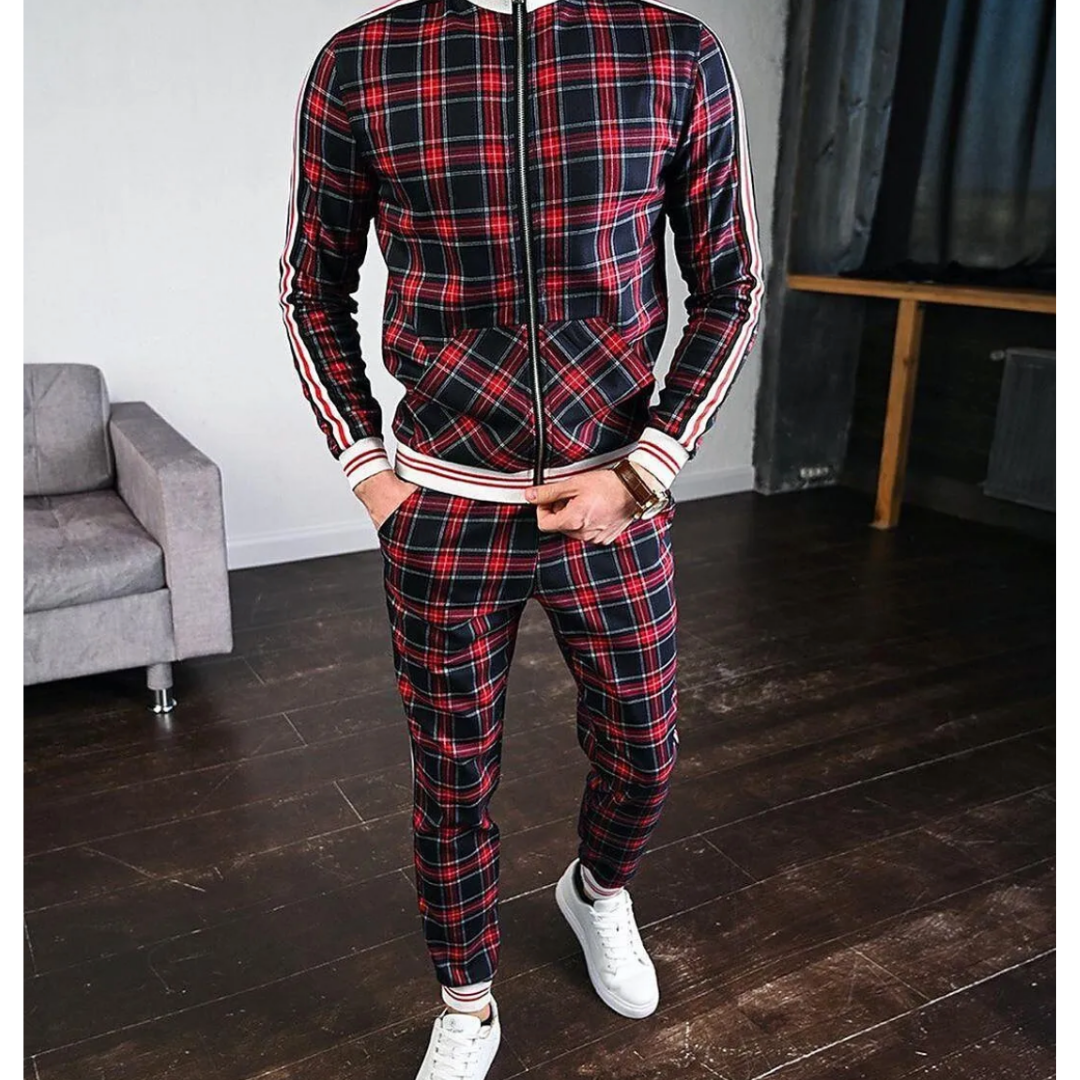 Effortless Navy Plaid Two Piece Set for Women with Zip Front Track Jacket Jogger Pant Casual Style