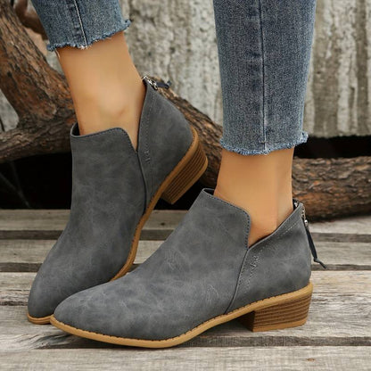 Elegant Olive Green Ankle Boots for Women with Pointed Toe Block Heel Zipper Western Style