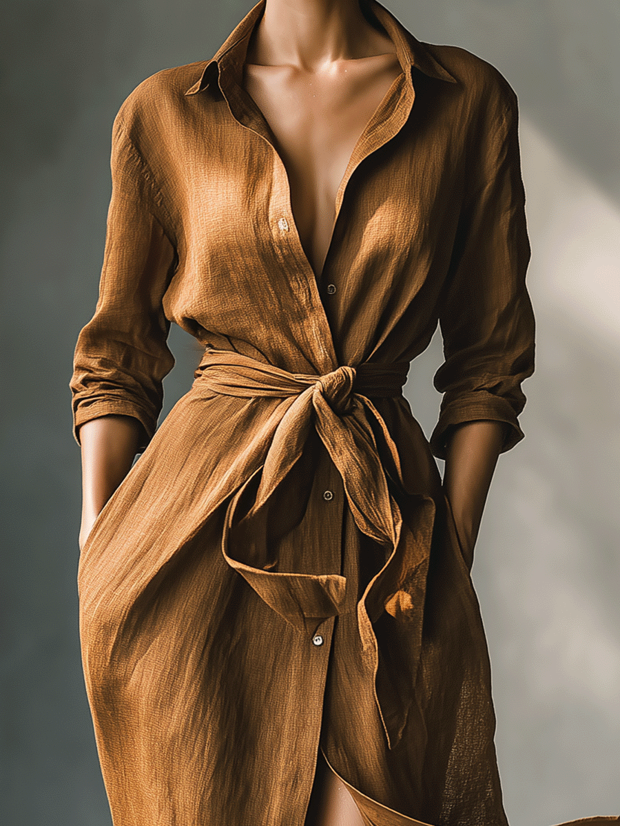 Elegant Brown Linen Shirt Dress for Women with Collar Long Sleeve Tie Waist Flowing Maxi Style