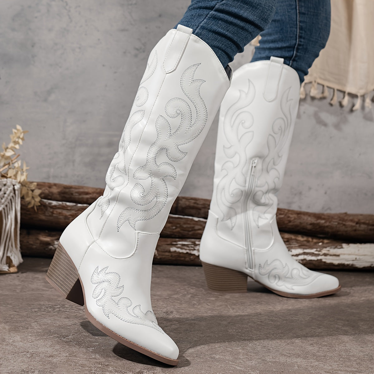 Modern White Western Boots for Women with Embroidered Shaft Block Heel Tall Cowboy Style