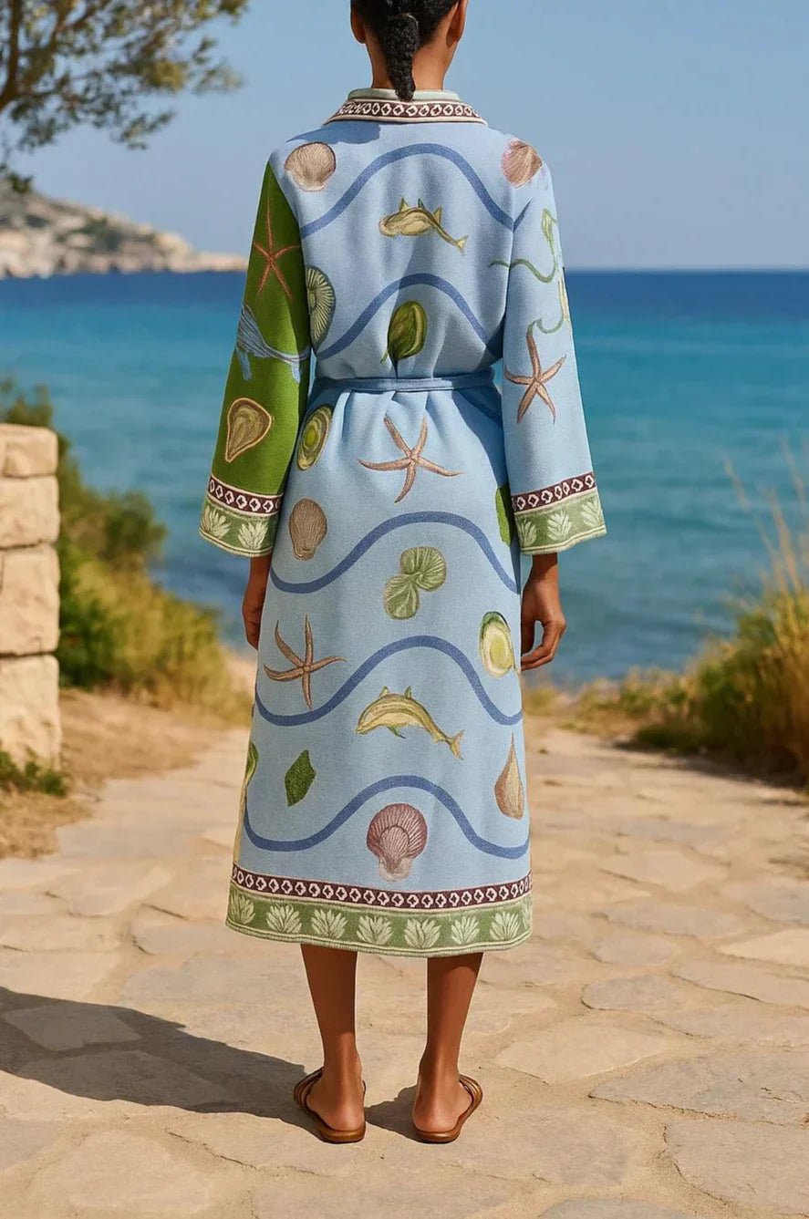 Elegant Blue Coastal Print Maxi Dress for Women with Notch Collar Long Sleeve Belted Kaftan Style