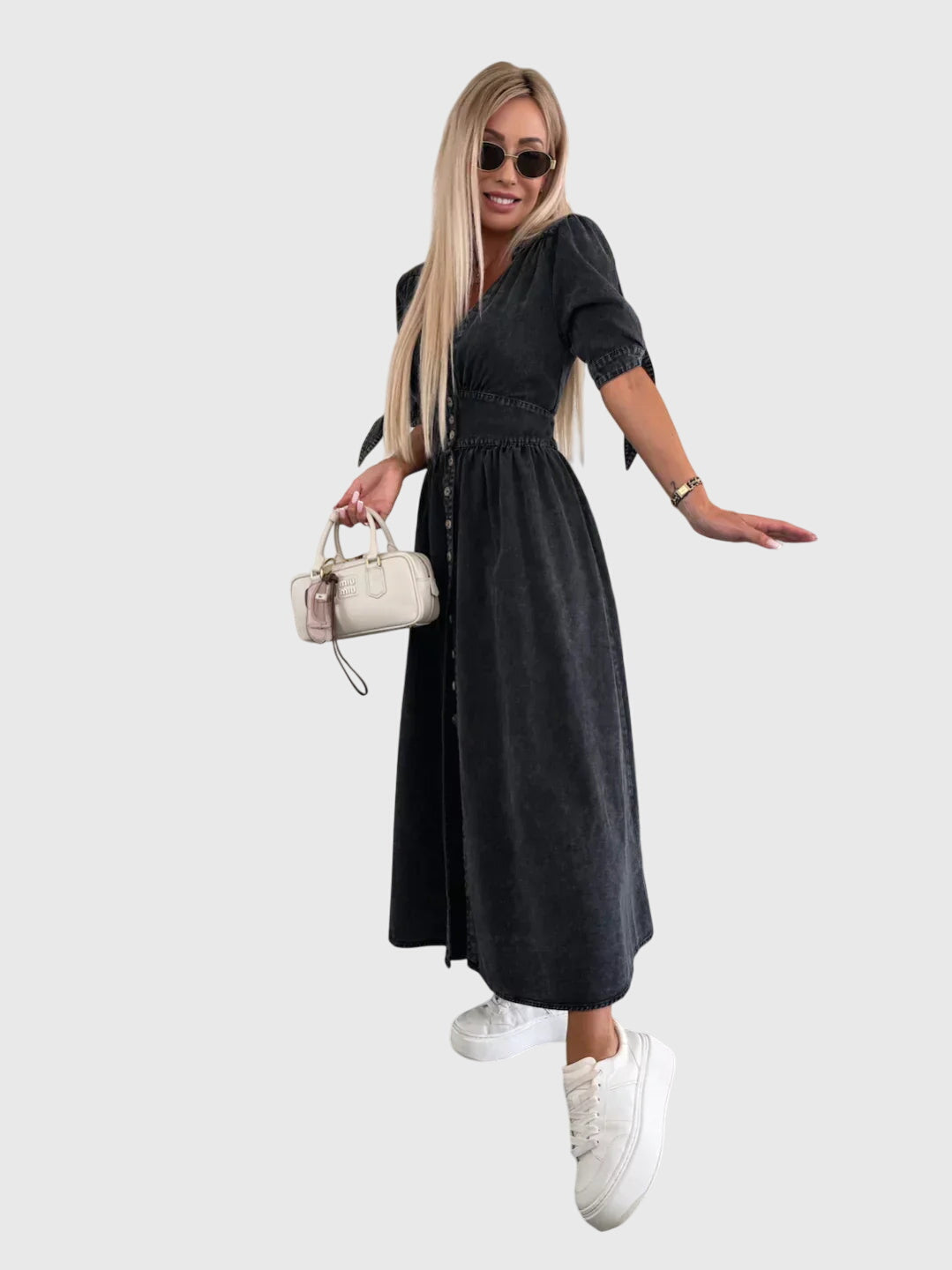 Effortless Denim Maxi Dress for Women with V Neck Elbow Sleeve Button Front Flowing Casual Style