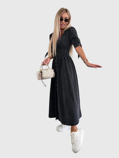 Effortless Denim Maxi Dress for Women with V Neck Elbow Sleeve Button Front Flowing Casual Style