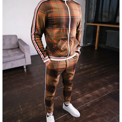 Effortless Navy Plaid Two Piece Set for Women with Zip Front Track Jacket Jogger Pant Casual Style