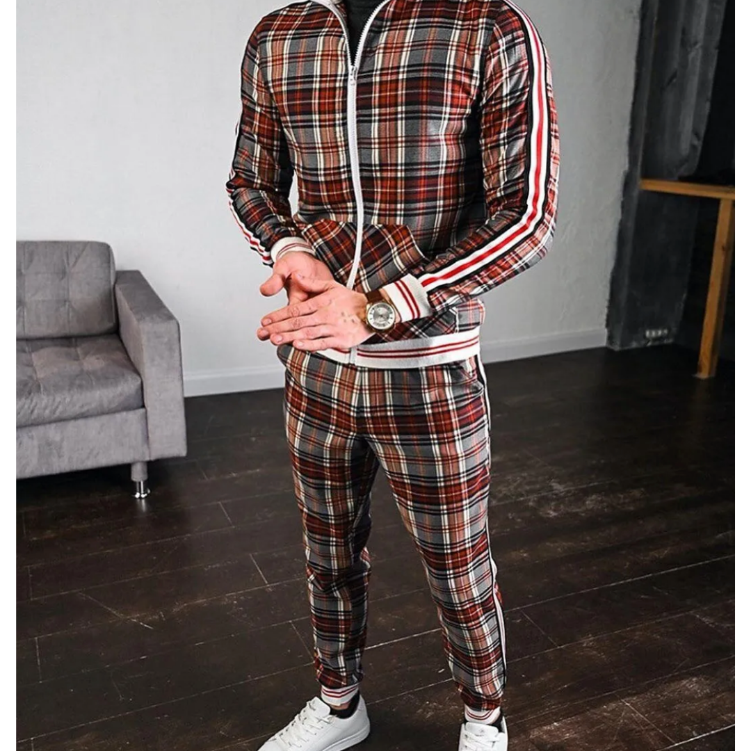 Effortless Navy Plaid Two Piece Set for Women with Zip Front Track Jacket Jogger Pant Casual Style