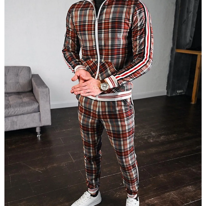 Effortless Navy Plaid Two Piece Set for Women with Zip Front Track Jacket Jogger Pant Casual Style