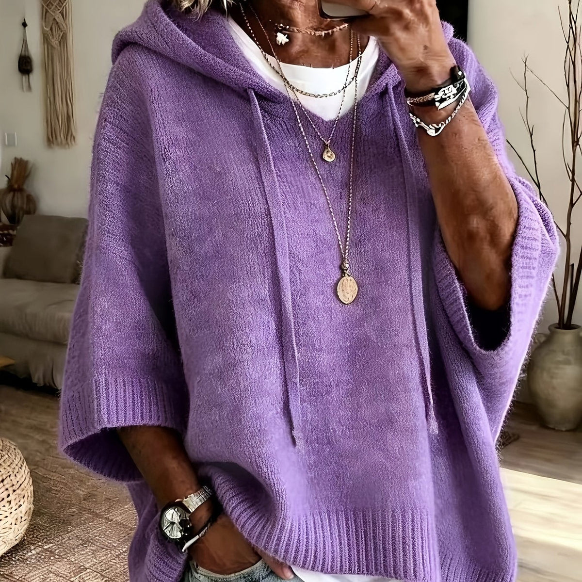Easy Knit Oversized Hoodie for Women with Hooded Neck Half Sleeve Batwing Easy Style