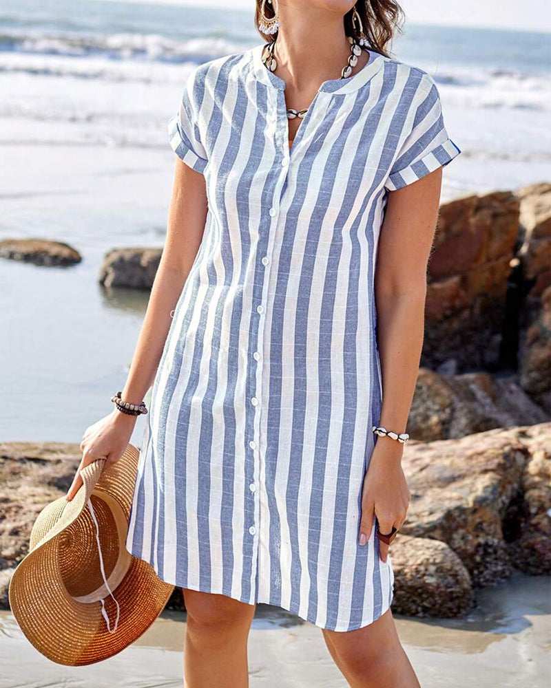 Effortless Blue and White Striped Shirt Dress for Women with Split Neck Short Sleeve Button Front Casual Style