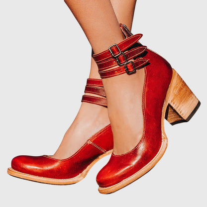 Stylish Snake Print Ankle Strap Heels for Women with Buckle Block Heel Vintage Style