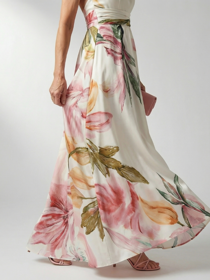 Elegant Floral Cocktail Dress for Women with One Shoulder Halter Sash Waist Flowing Maxi Style