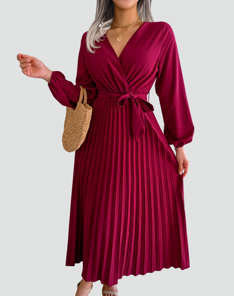 Elegant Pleated Cocktail Dress for Women with V Neck Balloon Sleeve Wrap Belted Flowing Style