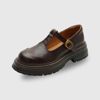 Elegant Leather Mary Jane Platform Shoe for Women with T Strap Buckle Chunky Sole Vintage Style