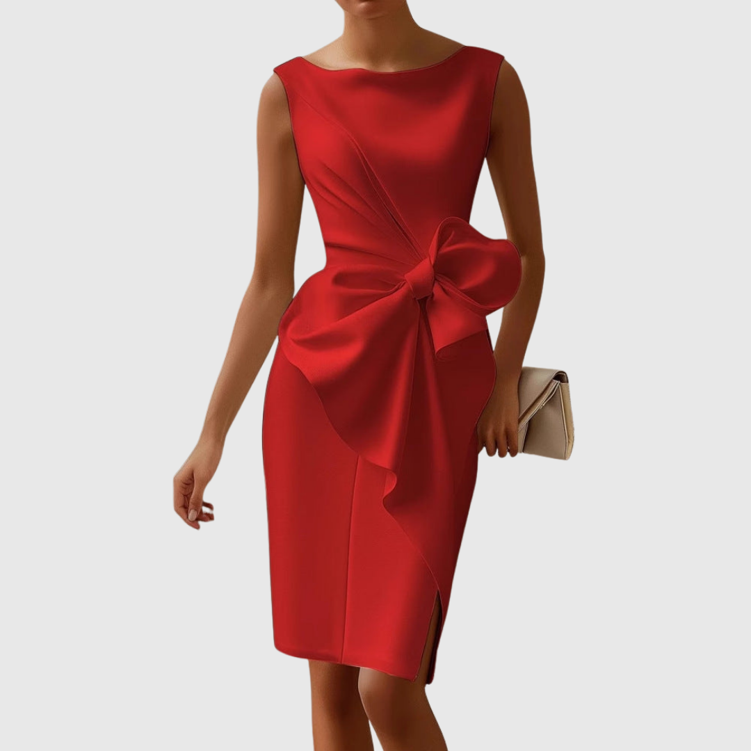 Elegant Red Satin Sheath Dress for Women with Boat Neck Sleeveless Bow Detail Bodycon Cocktail Style