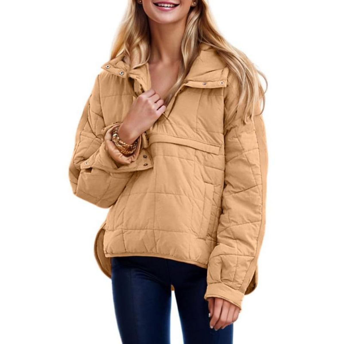 Women's Oversized Quilted Snap Collar Pullover Jacket