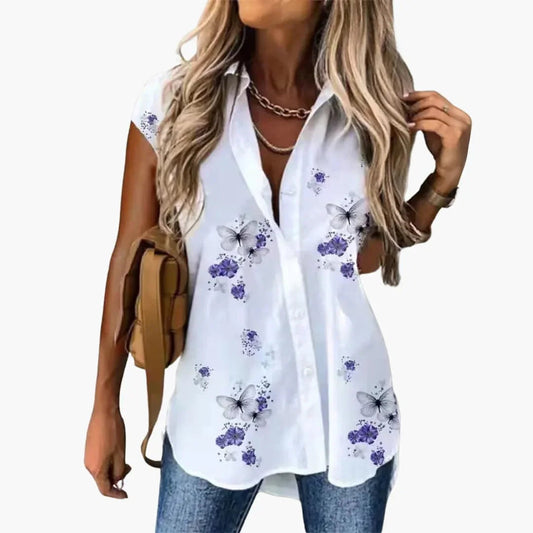 Elegant Butterfly Print Shirt for Women with Collar Short Sleeve Button Front Relaxed Style