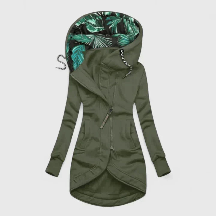 Comfortable Tropical Print Hoodie Jacket for Women with High Neck Long Sleeve Drawstring Hood Asymmetrical Hem Casual Style