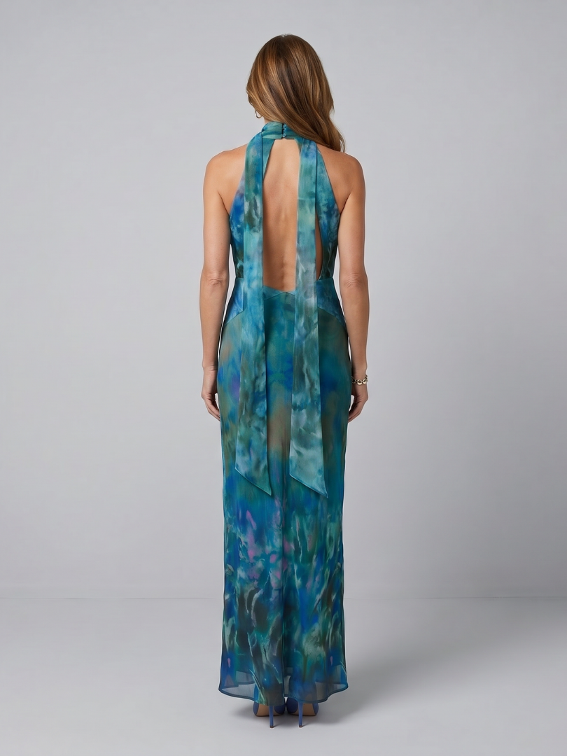 Elegant Blue Watercolor Chiffon Cocktail Dress for Women with Halter Neck Keyhole Scarf Wrap Formal Wedding Guest Style