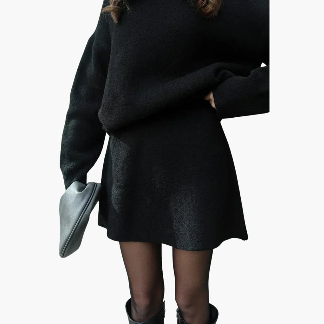 Stylish Black Knit Two Piece Set for Women with Round Neck Sweater High Waist Mini Skirt Loungewear Style