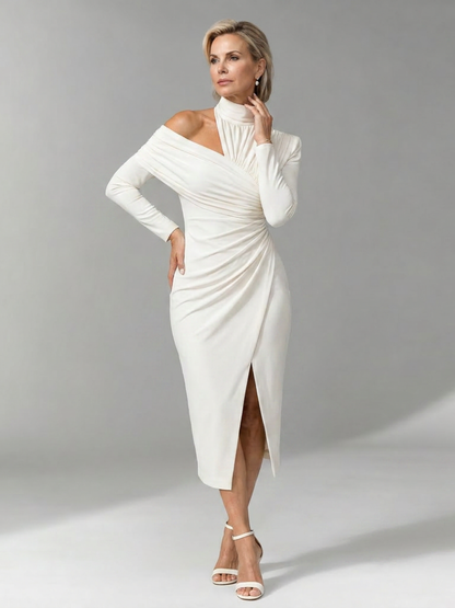 Elegant Draped Midi Dress for Women with High Neck Long Sleeve One Shoulder Ruched Formal Wedding Guest Style