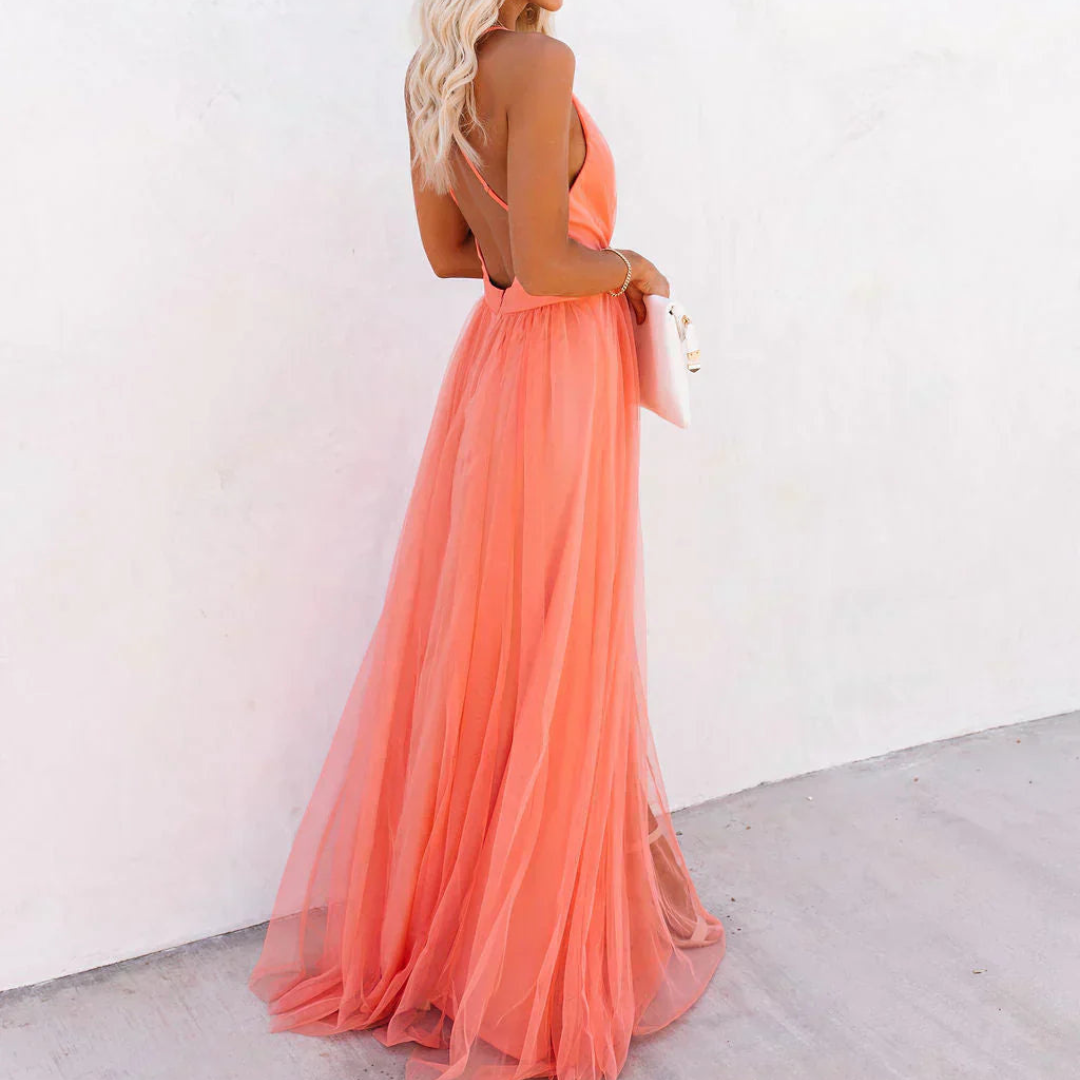 Elegant Coral Tulle Cocktail Dress for Women with Plunging V Neck Spaghetti Strap Open Back Flowing Style