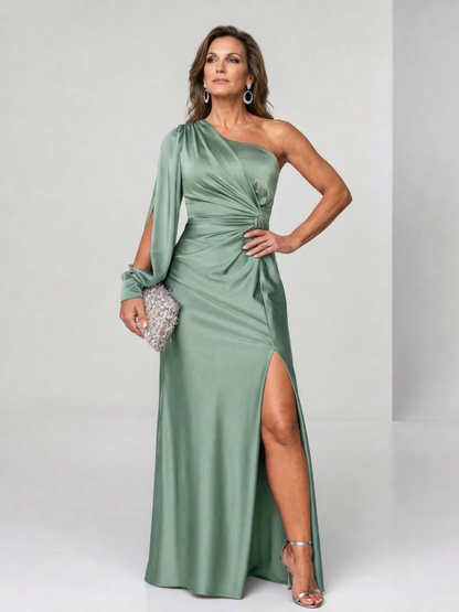 Elegant Satin Maxi Dress for Women with One Shoulder Long Sleeve Ruched Slit Formal Wedding Guest Style