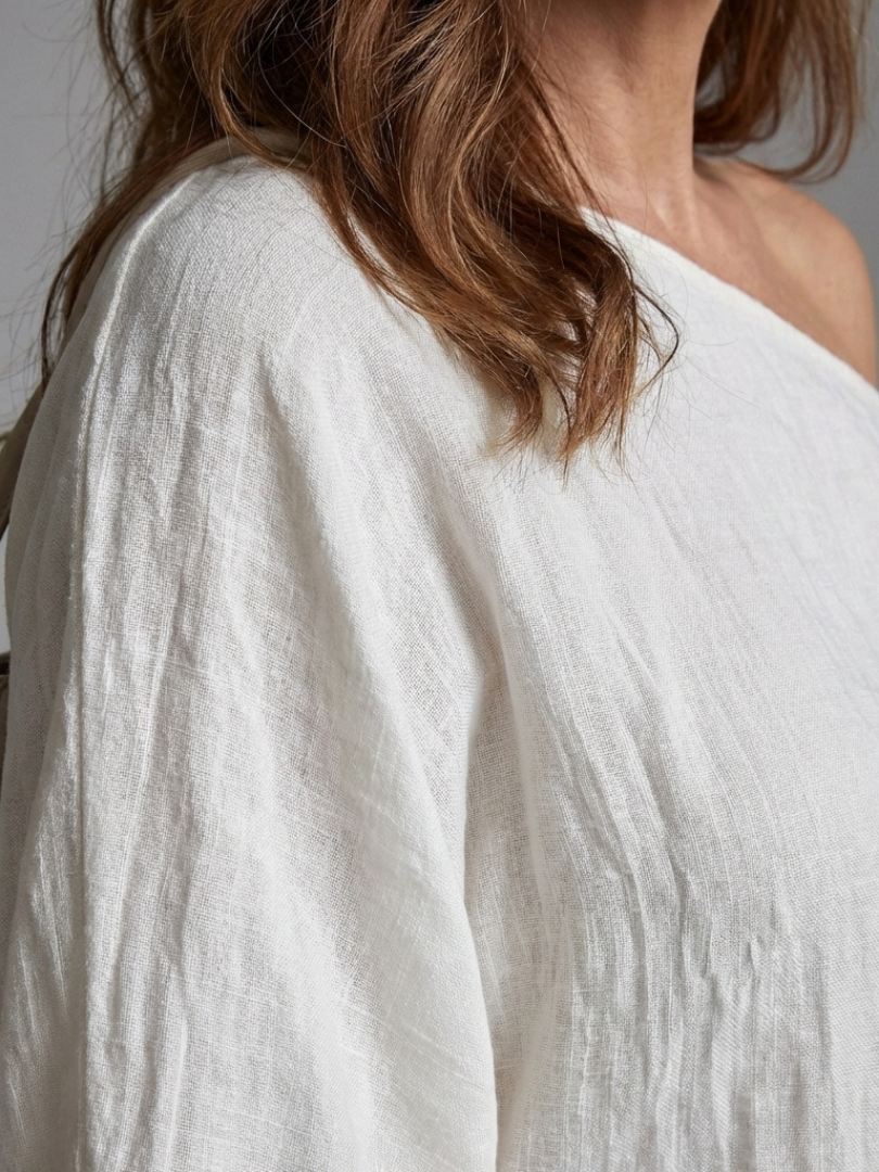 Elegant White Dress for Women with One Shoulder Draped Bell Sleeve Maxi Flowing Style