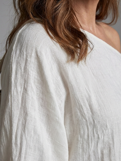 Elegant White Dress for Women with One Shoulder Draped Bell Sleeve Maxi Flowing Style